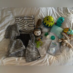 Baby boy swaddle blanket beanie hat toy teether bundle